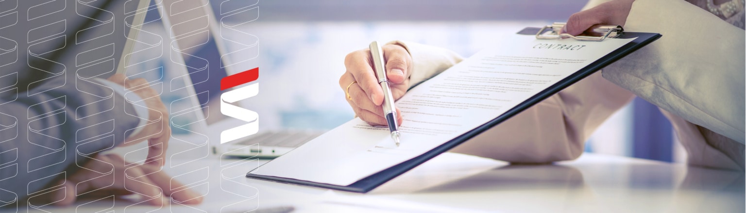 Close up photo of person holding a pen and showing a clipboard containing a contract to another person. Fraser Stryker logo icon repeating on the left side of the photo.